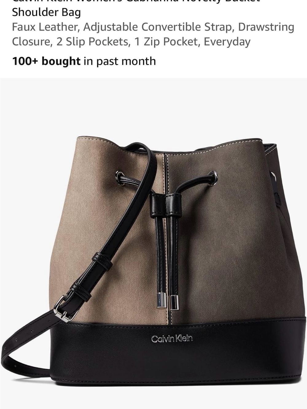Calvin Klein Taupe and Black Two-Tone Drawstring Bucket Bag